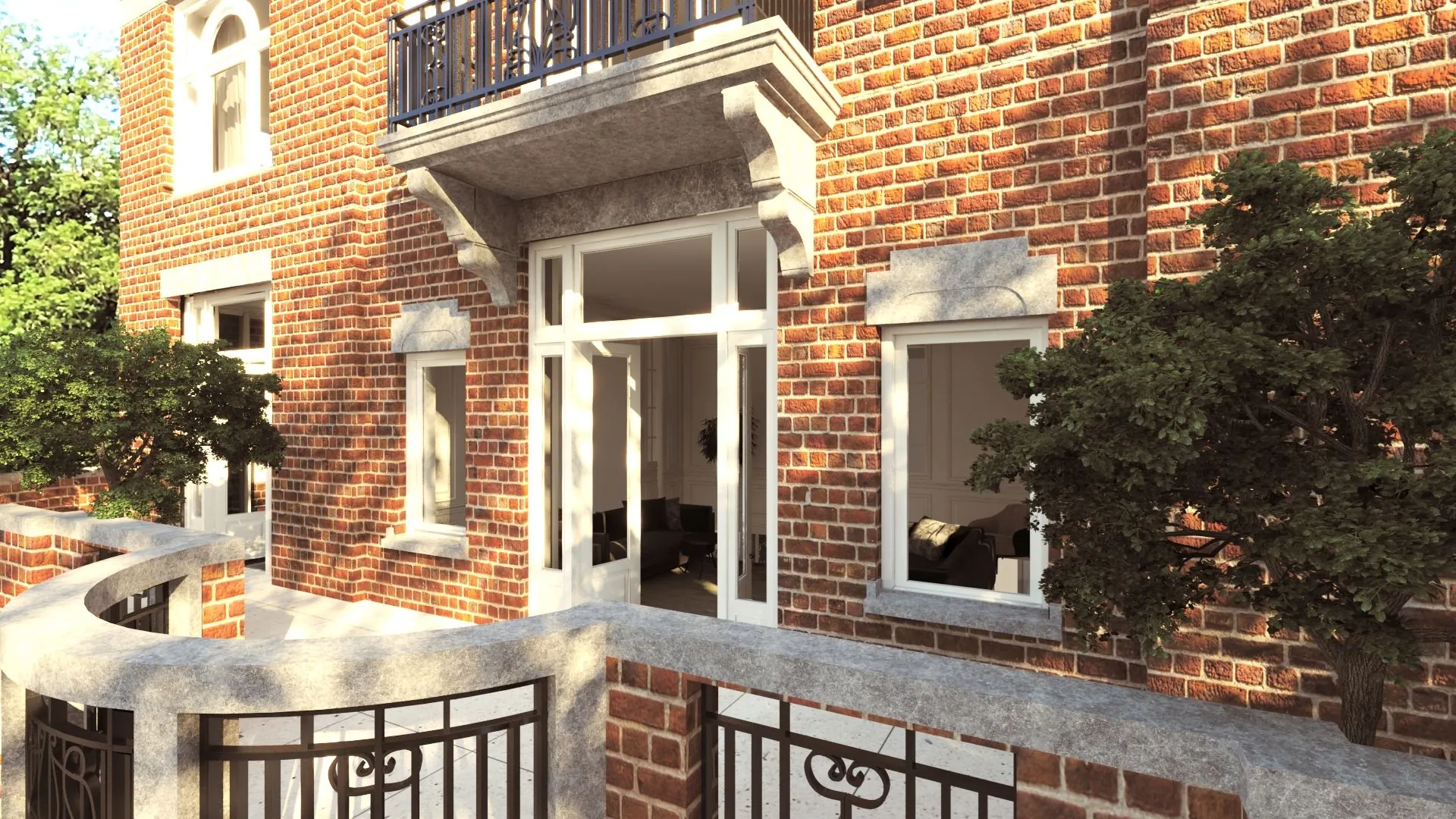 Woonhuis aan de Koningslaan met rode bakstenen gevel, balkon en smeedijzeren hekwerk.