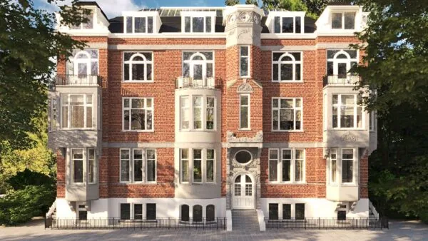 Vooraanzicht van een statig, rood bakstenen herenhuis aan de Koningslaan met sierlijke details en grote ramen.