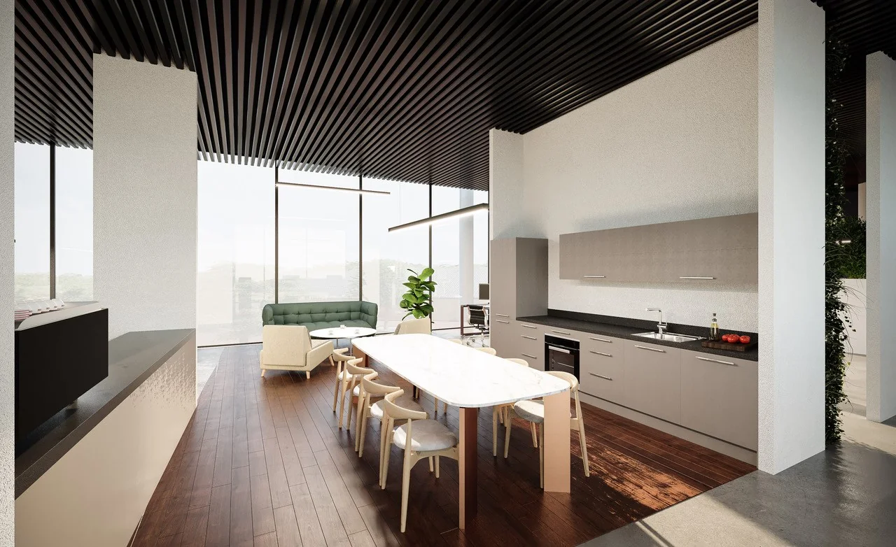 Moderne open keuken en eetruimte met marmeren tafel, houten vloer en strak interieurontwerp.