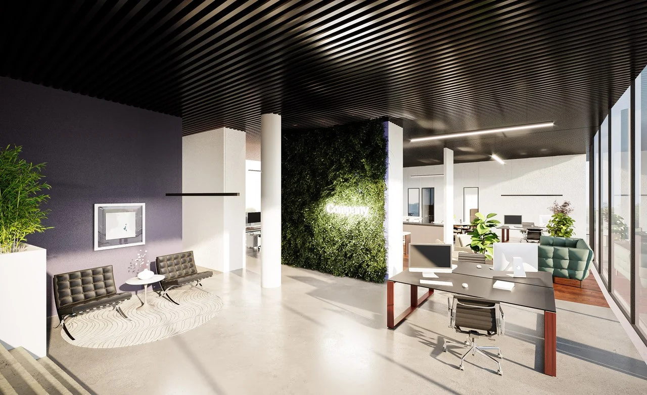 Modern ingericht kantoor met open werkplekken, een wachthoek en een groene plantenwand met verlichte bedrijfsnaam.