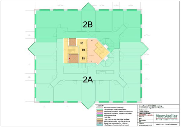 Verdiepingstekening van de tweede etage van Overschieseweg 300 te Schiedam met aanduiding van verhuurbare units 2A en 2B, liften en gemeenschappelijke ruimtes.