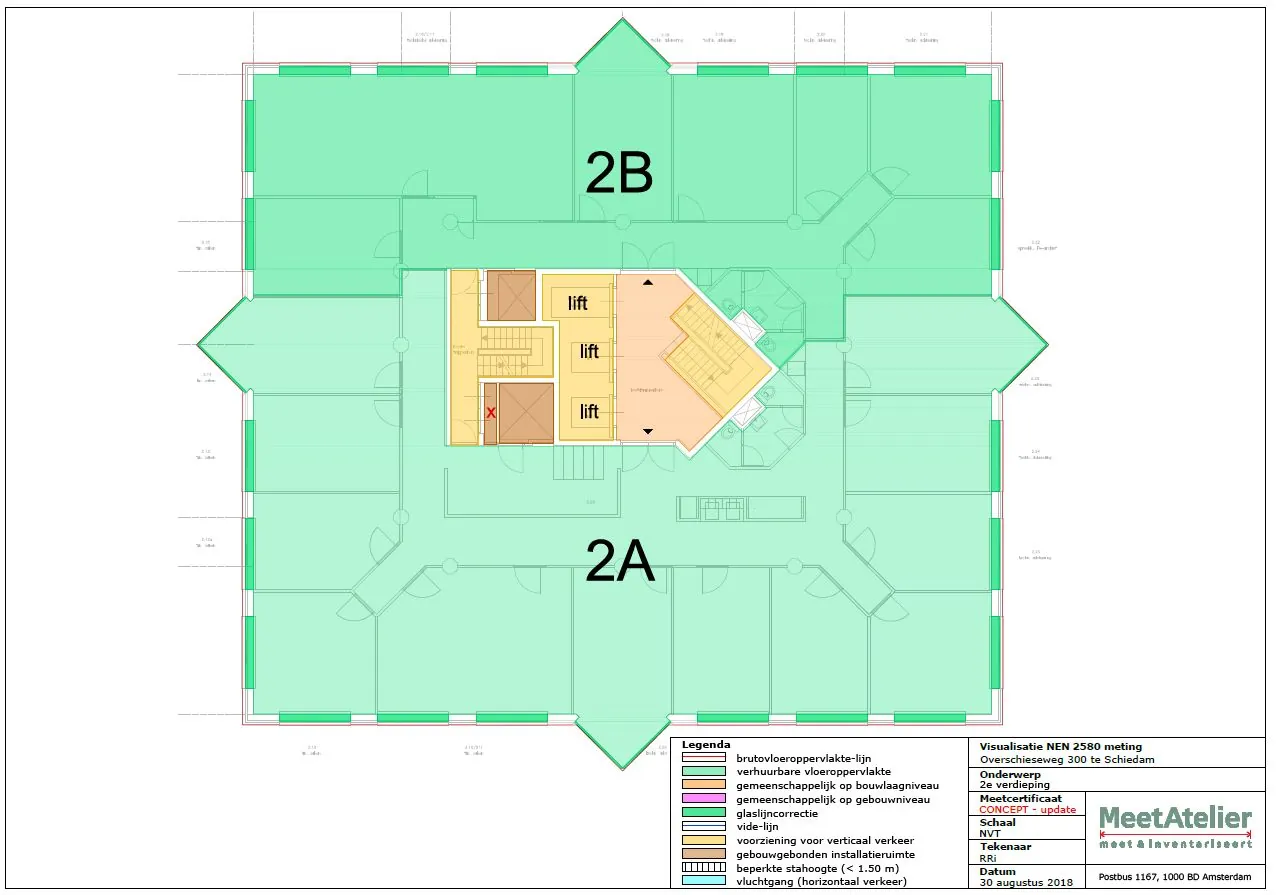 Verdiepingstekening van de tweede etage van Overschieseweg 300 te Schiedam met aanduiding van verhuurbare units 2A en 2B, liften en gemeenschappelijke ruimtes.