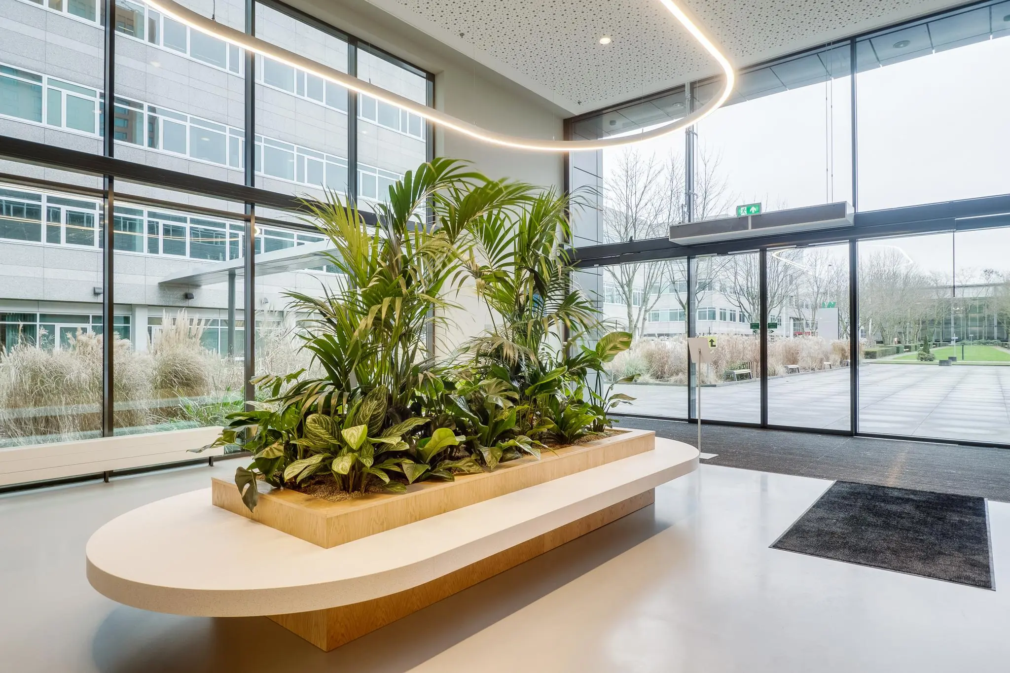 Moderne entreehal aan de Winthontlaan met grote ramen en een centraal geplaatste plantenbak.