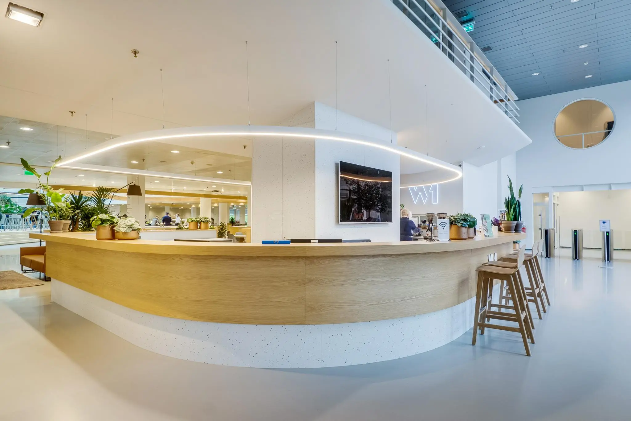 Moderne receptiebalie met houten afwerking en planten in de entree van het Winthontlaan-kantoorgebouw.