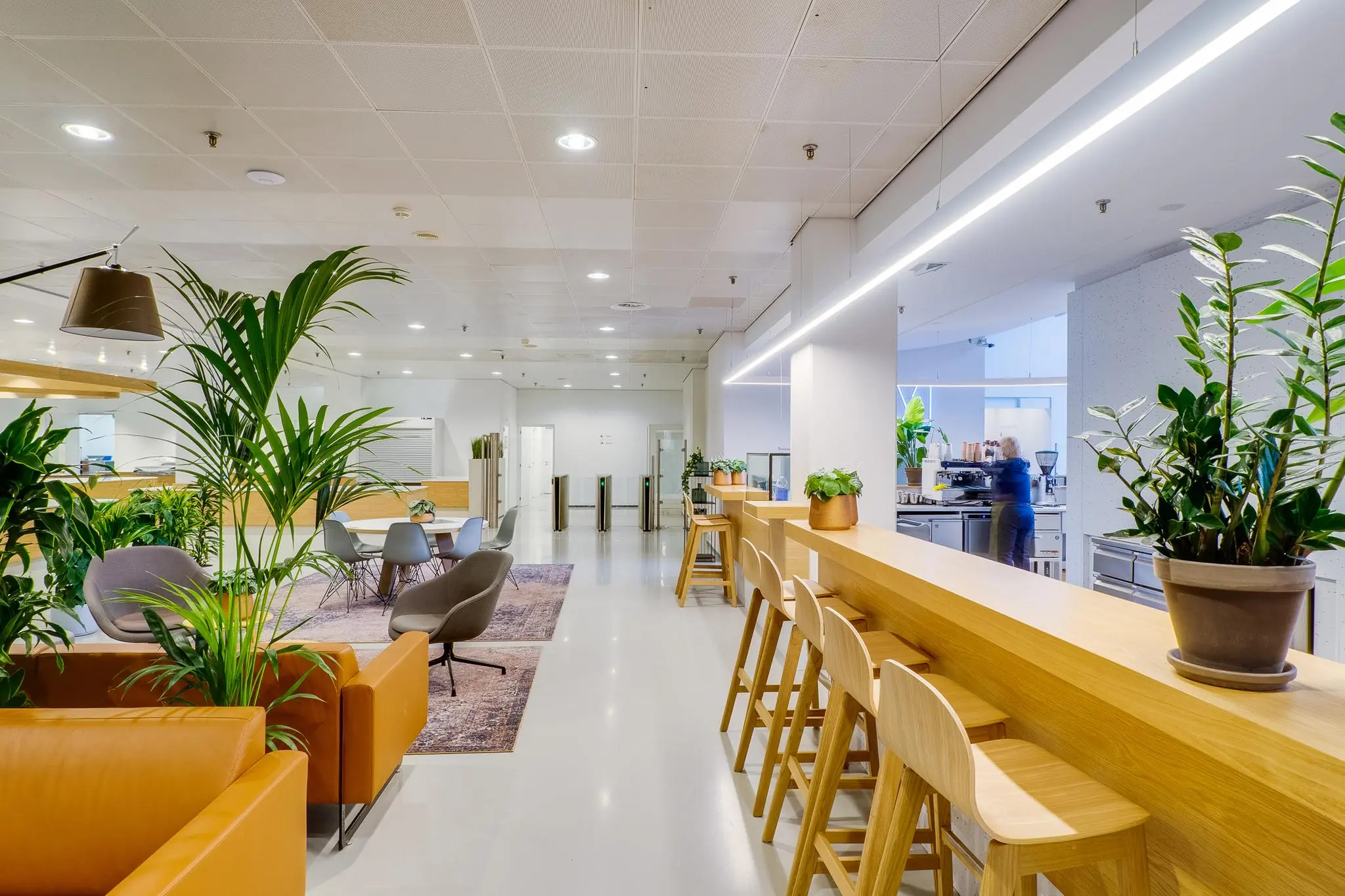 Moderne en lichte kantoorlounge aan de Winthontlaan met zitgedeelte, bar en veel groen.