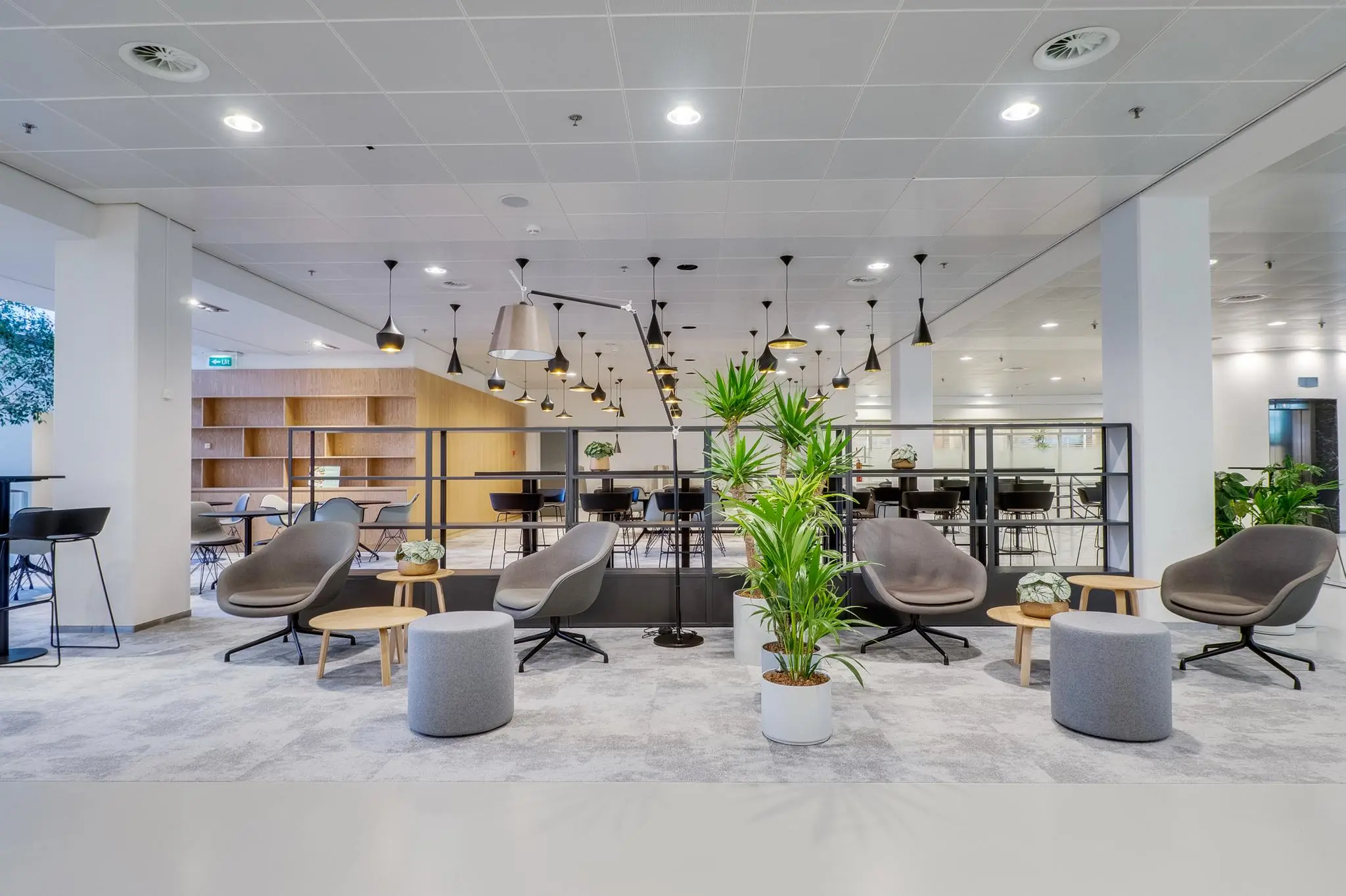 Moderne en open kantoorlounge aan de Winthontlaan, met zitgelegenheid, hanglampen en kamerplanten.