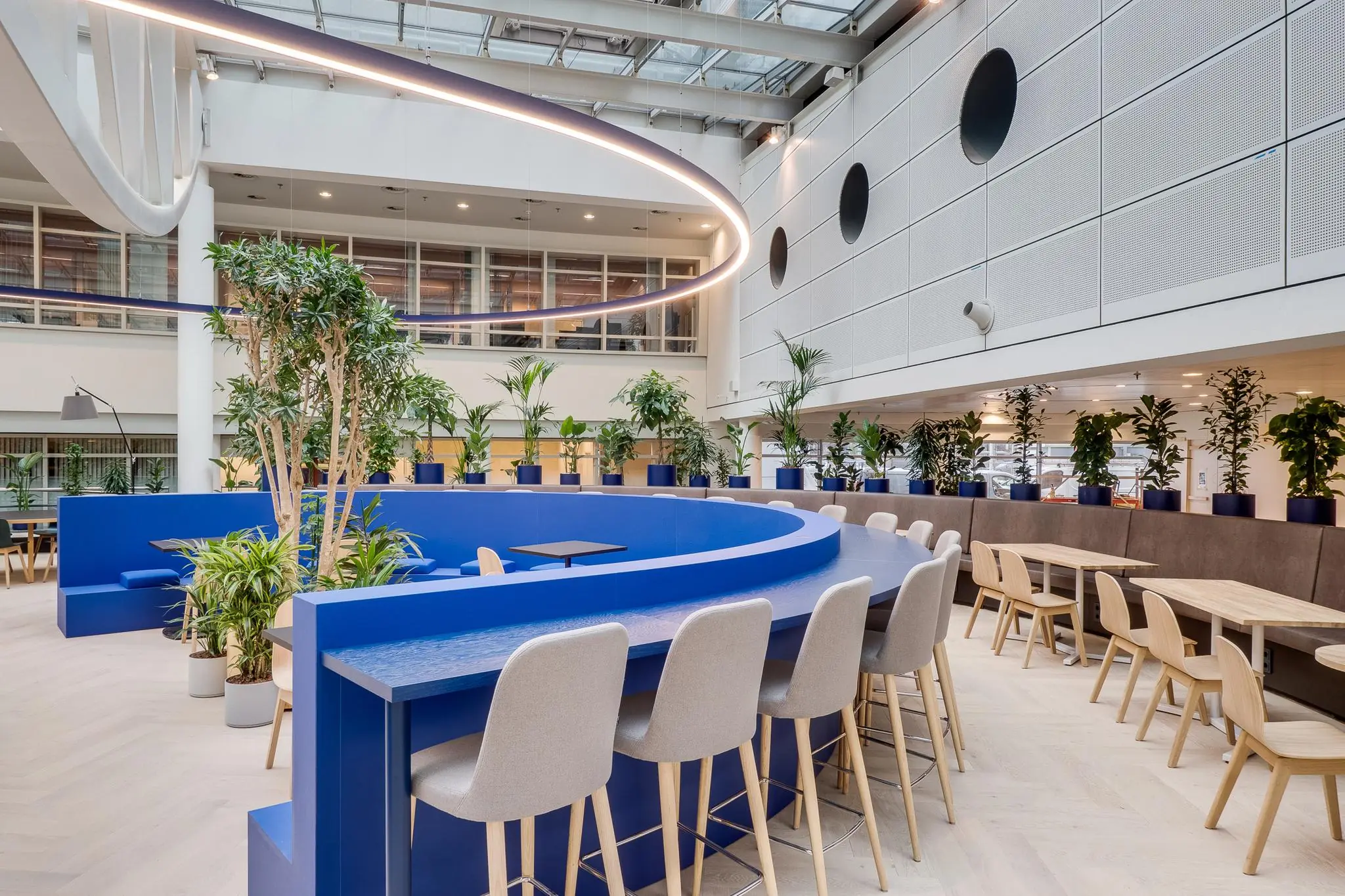 Modern ingerichte en lichte kantoorlounge aan de Winthontlaan met blauwe zitgedeeltes, houten meubels en veel groen.