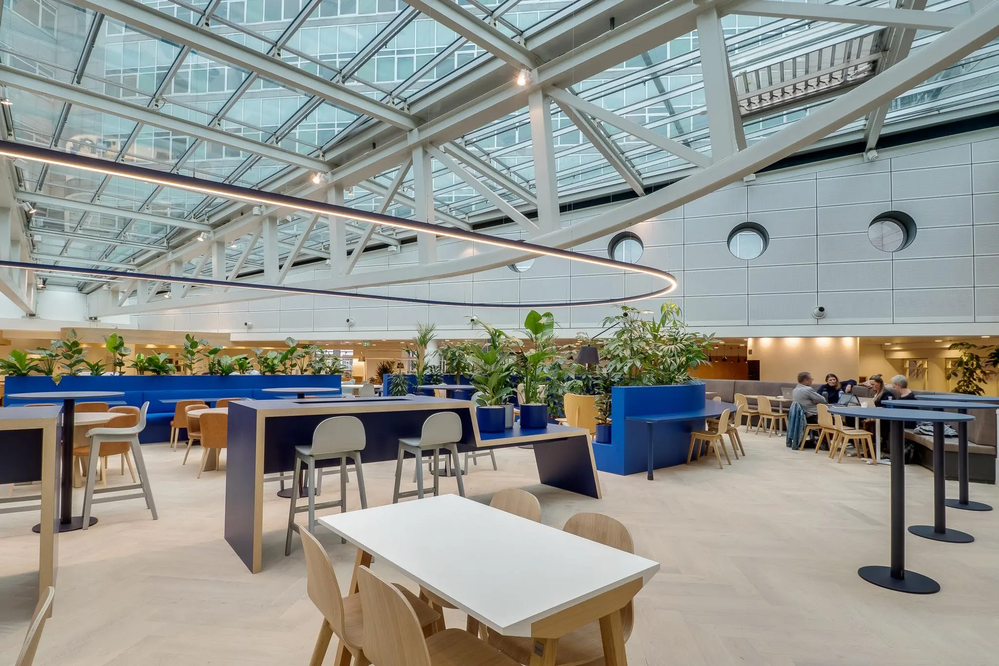 Moderne, lichtovergoten kantoorlounge aan de Winthontlaan met zitgedeeltes, planten en een glazen dak.