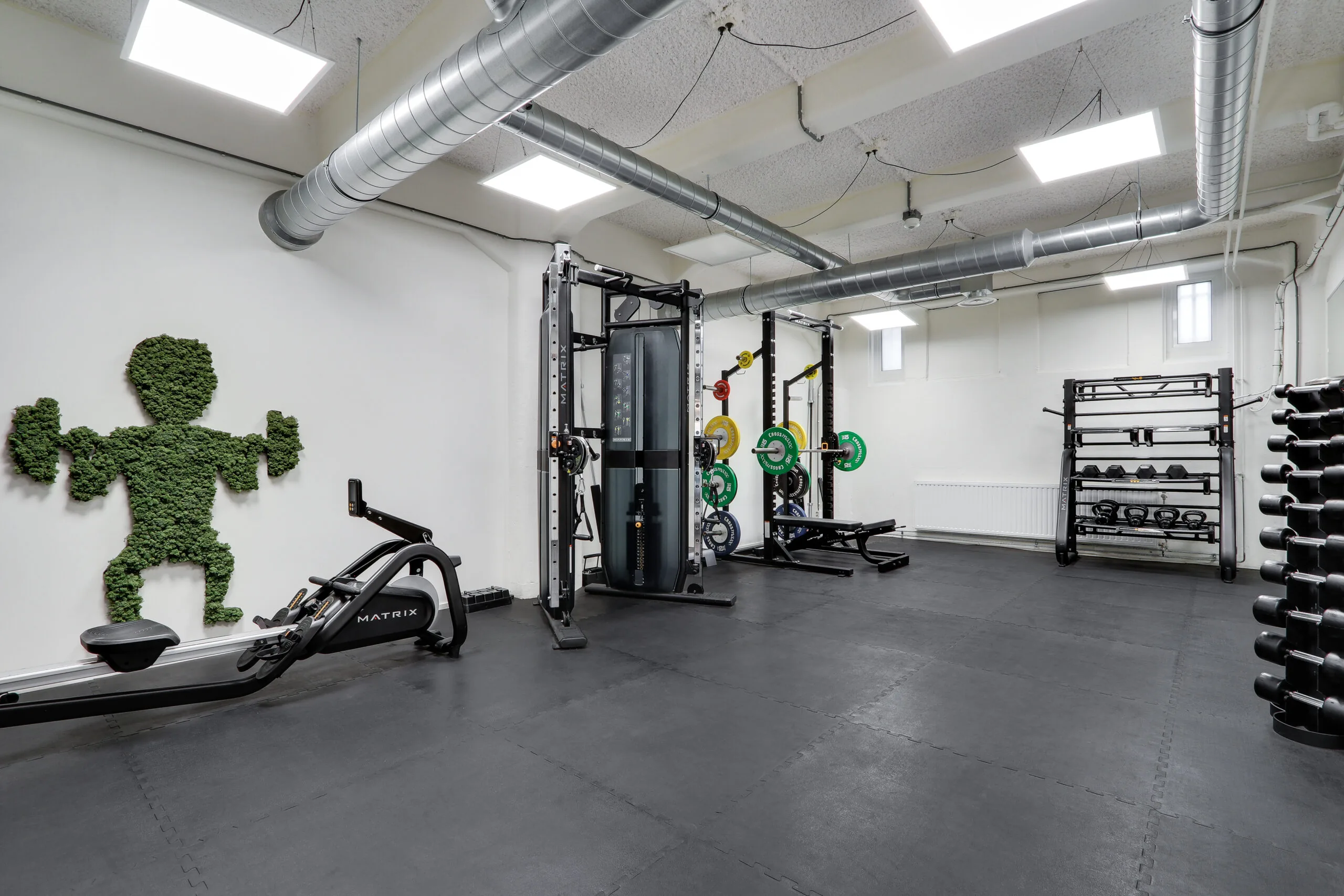 Moderne fitnessruimte in Amsterdam Houthavens met krachtapparatuur, halters en een groene muurdeco in de vorm van een sportfiguur.