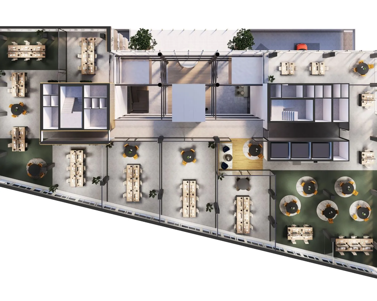 Plattegrond van een moderne kantoorruimte aan de Herikerbergweg 288-290 in Amsterdam met werkplekken, vergadertafels en open zones.