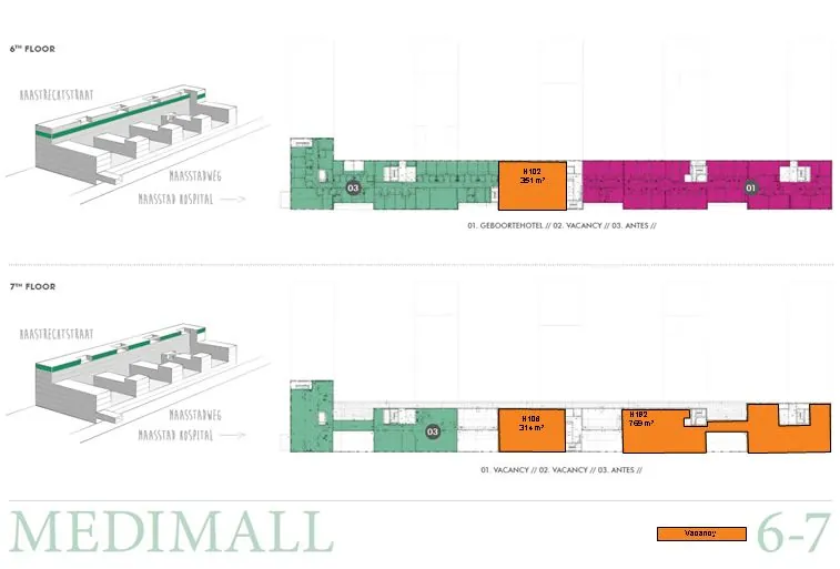 Plattegrond van de 6e en 7e verdieping van het Medimall-gebouw aan de Maasstadweg, met beschikbare ruimten gemarkeerd in oranje.