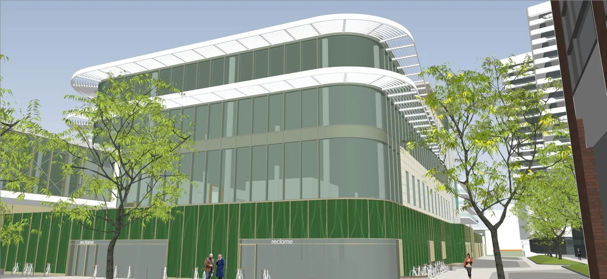 Architectonische impressie van het moderne Bisonspoor-gebouw met veel glas en groene gevelpanelen.