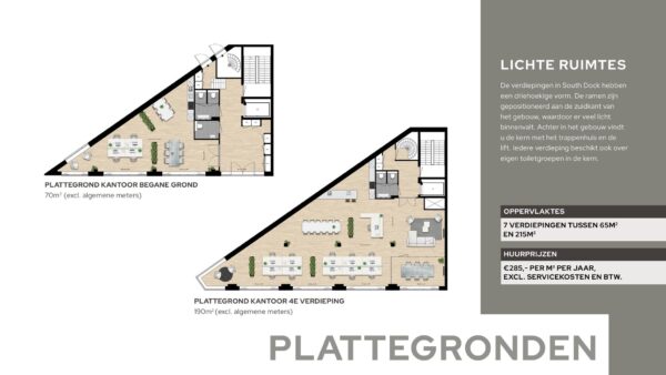Twee plattegronden van kantoorruimtes in het driehoekige gebouw South Dock op de NDSM-pier, met oppervlaktes van 70m² en 190m².