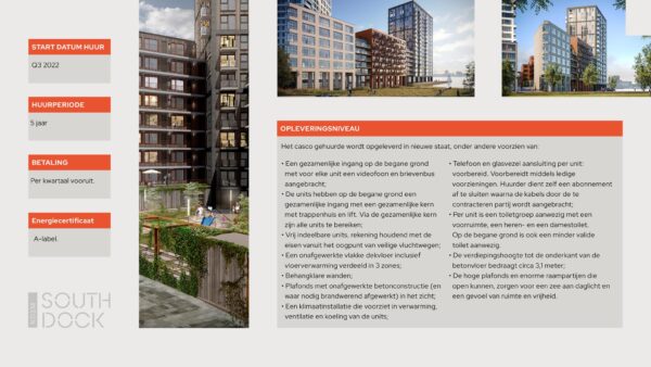 Informatieve presentatie van het South Dock-project op de NDSM-pier met afbeeldingen van moderne woongebouwen en huurvoorwaarden.