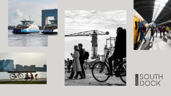 Collage van stedelijke scènes rond de NDSM-pier met veerponten, treinreizigers, fietsers en mensen aan het water in Amsterdam.