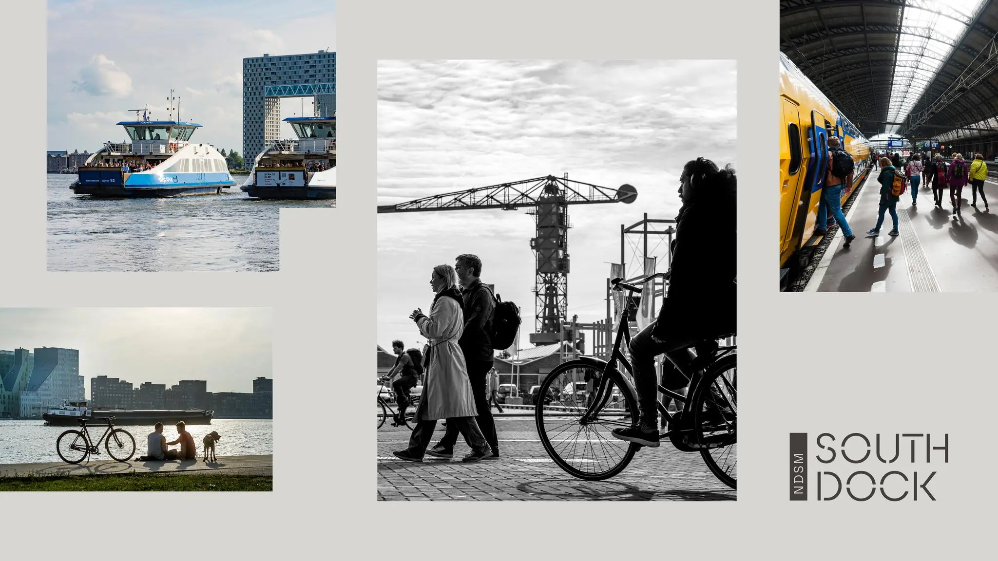Collage van stedelijke scènes rond de NDSM-pier met veerponten, treinreizigers, fietsers en mensen aan het water in Amsterdam.