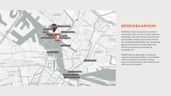 Kaart van Amsterdam met de ligging van NDSM South Dock en omliggende horecagelegenheden, pontverbindingen en openbaar vervoer.