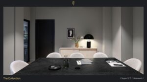 Moderne vergaderruimte aan de Westermarkt 2 met een zwarte tafel, stijlvolle stoelen en minimalistische decoratie.