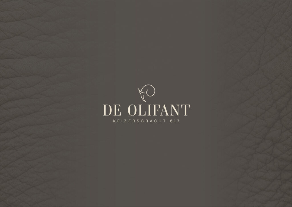 Logo van De Olifant op een donkere leren achtergrond met het adres Keizersgracht 617.