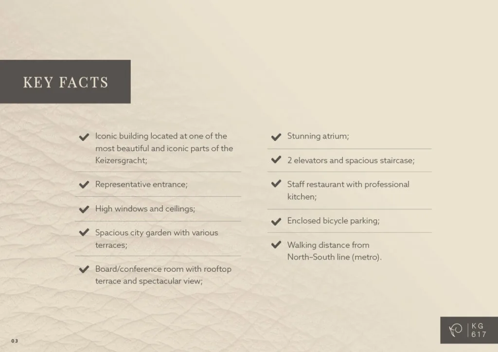Overzicht van kernpunten van een iconisch gebouw aan de Keizersgracht, inclusief voorzieningen zoals een atrium, stadstuin en conferentieruimte.