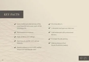 Overzicht van kernpunten van een iconisch gebouw aan de Keizersgracht, inclusief voorzieningen zoals een atrium, stadstuin en conferentieruimte.