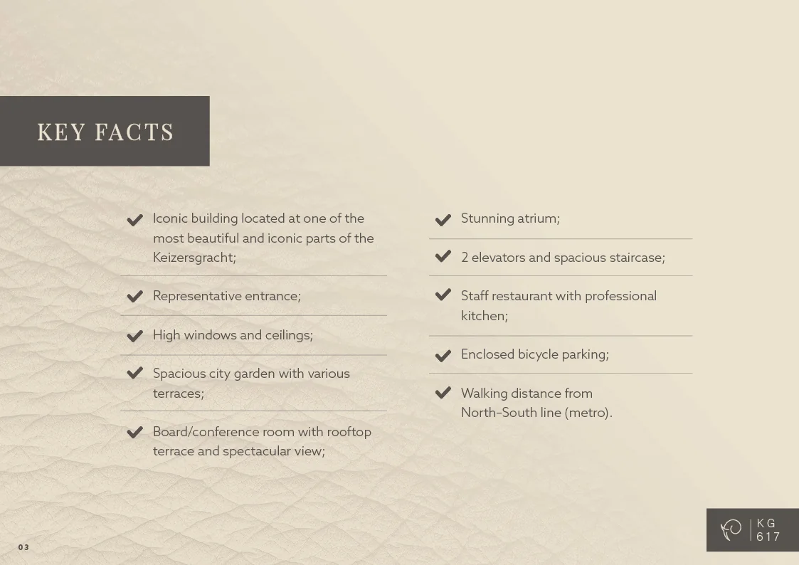 Overzicht van kernpunten van een iconisch gebouw aan de Keizersgracht, inclusief voorzieningen zoals een atrium, stadstuin en conferentieruimte.