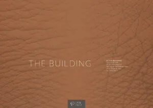 Titelpagina met de tekst "The Building" op een bruine lederachtige achtergrond, met een menu en logo "KG 617" onderaan.