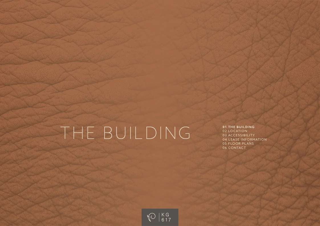 Titelpagina met de tekst "The Building" op een bruine lederachtige achtergrond, met een menu en logo "KG 617" onderaan.
