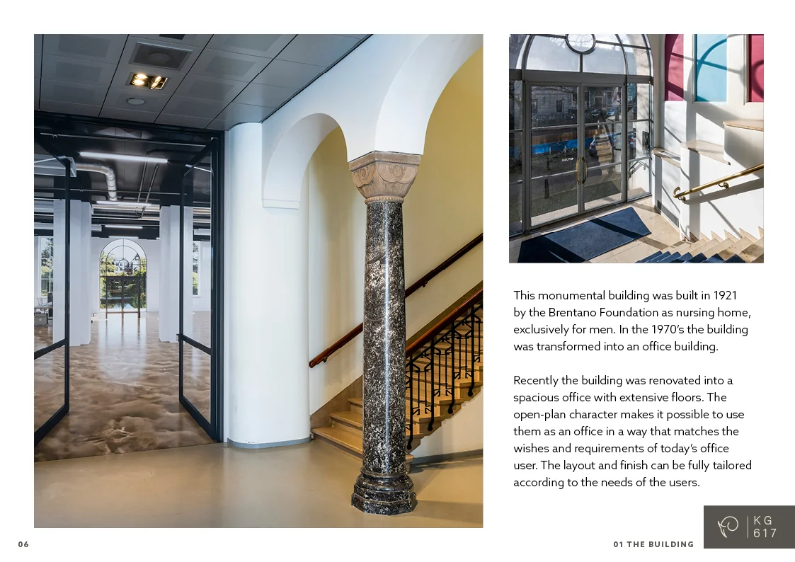 Binnenaanzicht van het gerenoveerde kantoorgebouw aan de Keizersgracht 617 met klassieke zuil, moderne afwerking en zicht op een open kantoorruimte.