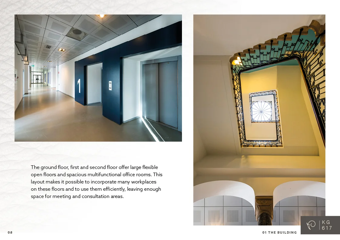 Twee foto's van het interieur van kantoorpand Keizersgracht 617, met links een moderne liftlobby en rechts een klassiek trappenhuis met glazen plafond.