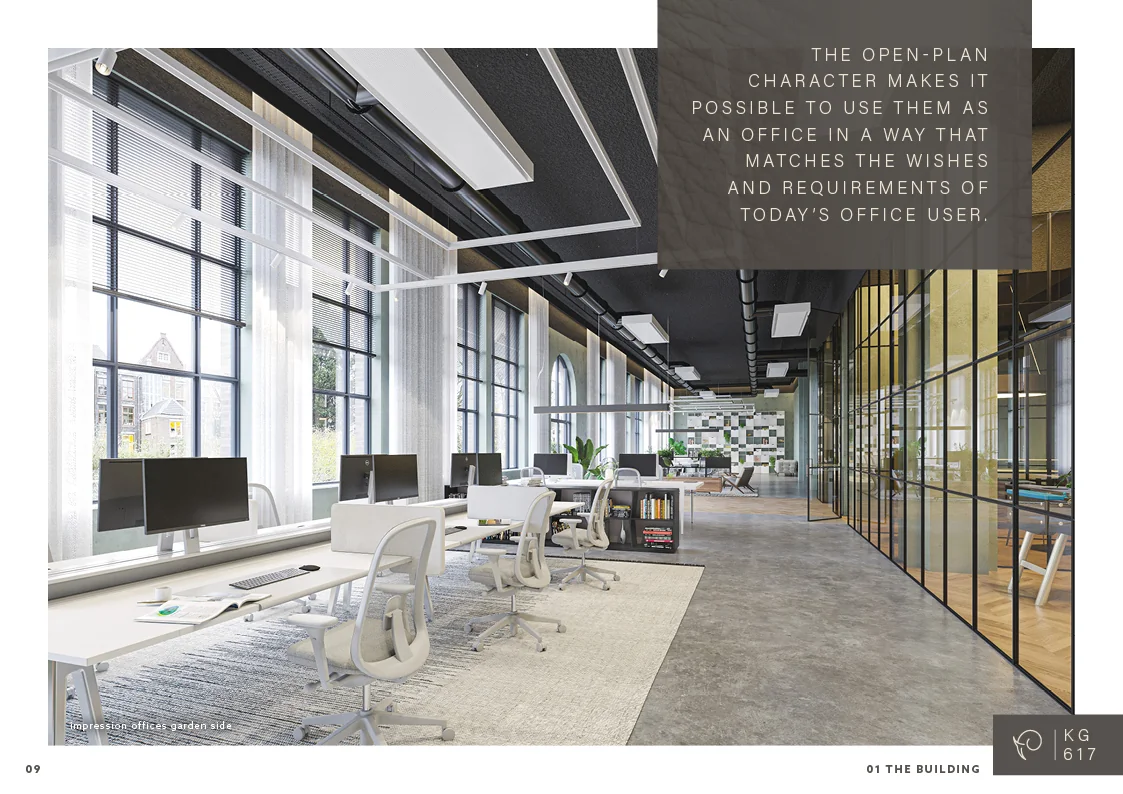 Moderne open kantoortuin aan de Keizersgracht met grote ramen, glazen wanden en flexibele werkplekken.