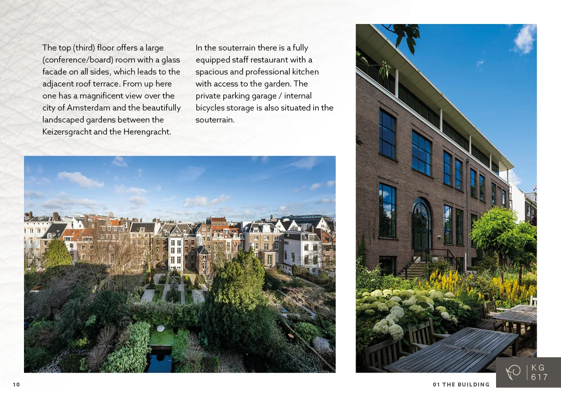 Uitzicht op de Keizersgracht en Herengracht in Amsterdam met een prachtig aangelegde tuin en een modern kantoorgebouw.