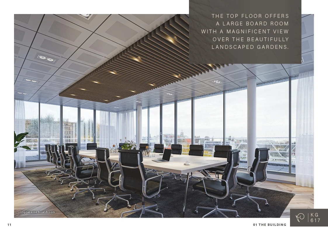 Moderne boardroom op de bovenverdieping van een gebouw aan de Keizersgracht met panoramisch uitzicht op een groene tuin.