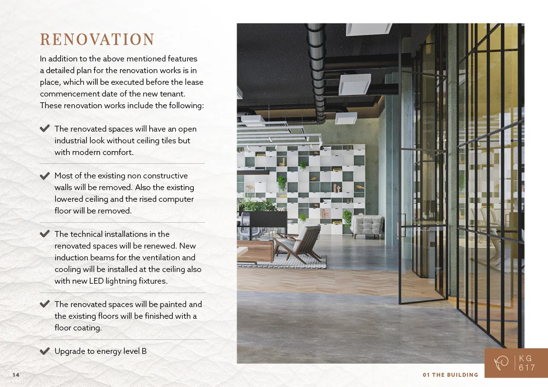 Visualisatie van een gerenoveerde kantoorruimte aan de Keizersgracht met een open industrieel ontwerp en moderne inrichting.