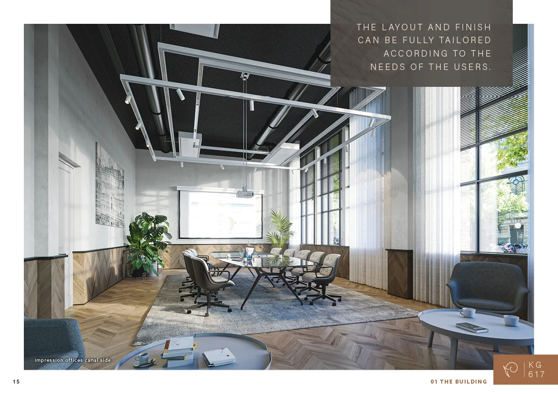 Moderne vergaderruimte aan de Keizersgracht met grote ramen, een lange tafel en comfortabele stoelen.