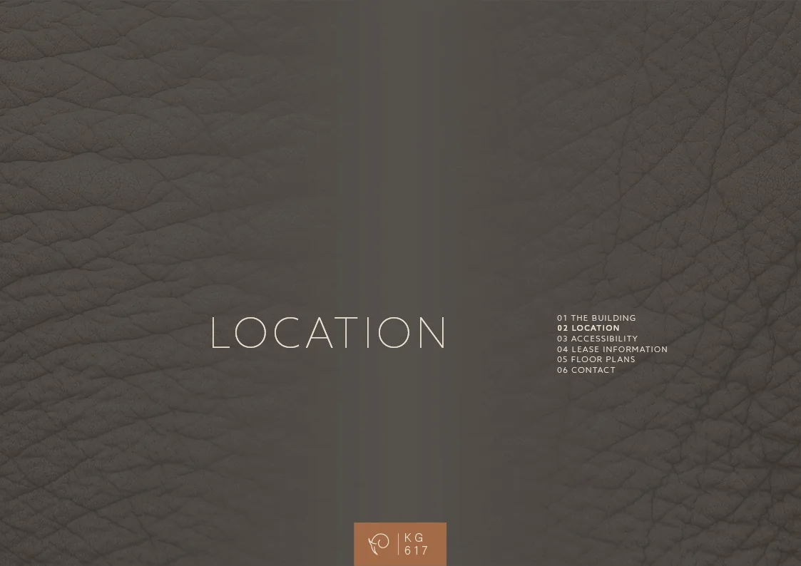 Donkere achtergrond met een leren textuur, centraal het woord "LOCATION" en rechtsonder een lijst met secties en het logo van Keizersgracht 617.