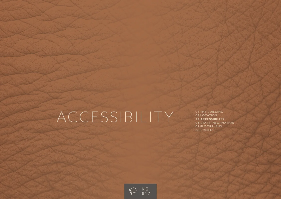 Bruin leren oppervlak met het woord "ACCESSIBILITY" en een genummerd menu, onderdeel van de presentatie over Keizersgracht 617.