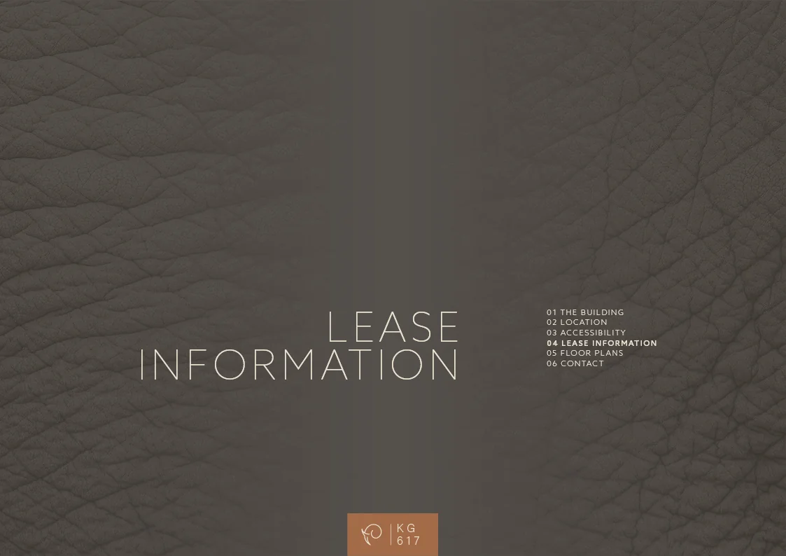 Donkerbruine achtergrond met leertextuur en in het midden de tekst "Lease Information" als onderdeel van een huisvestingbrochure voor Keizersgracht 617.