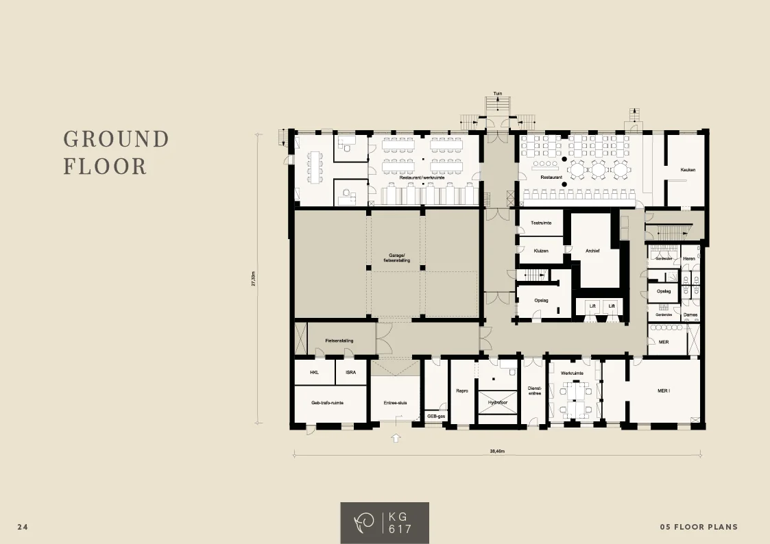 Plattegrond van de begane grond van het pand aan de Keizersgracht 617 met verschillende ruimtes zoals restaurants, kantoren en een garage.