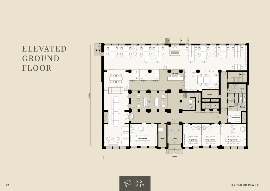 Plattegrond van de verhoogde begane grond van een kantoorgebouw aan de Keizersgracht met vergaderruimtes, werkplekken en faciliteiten.
