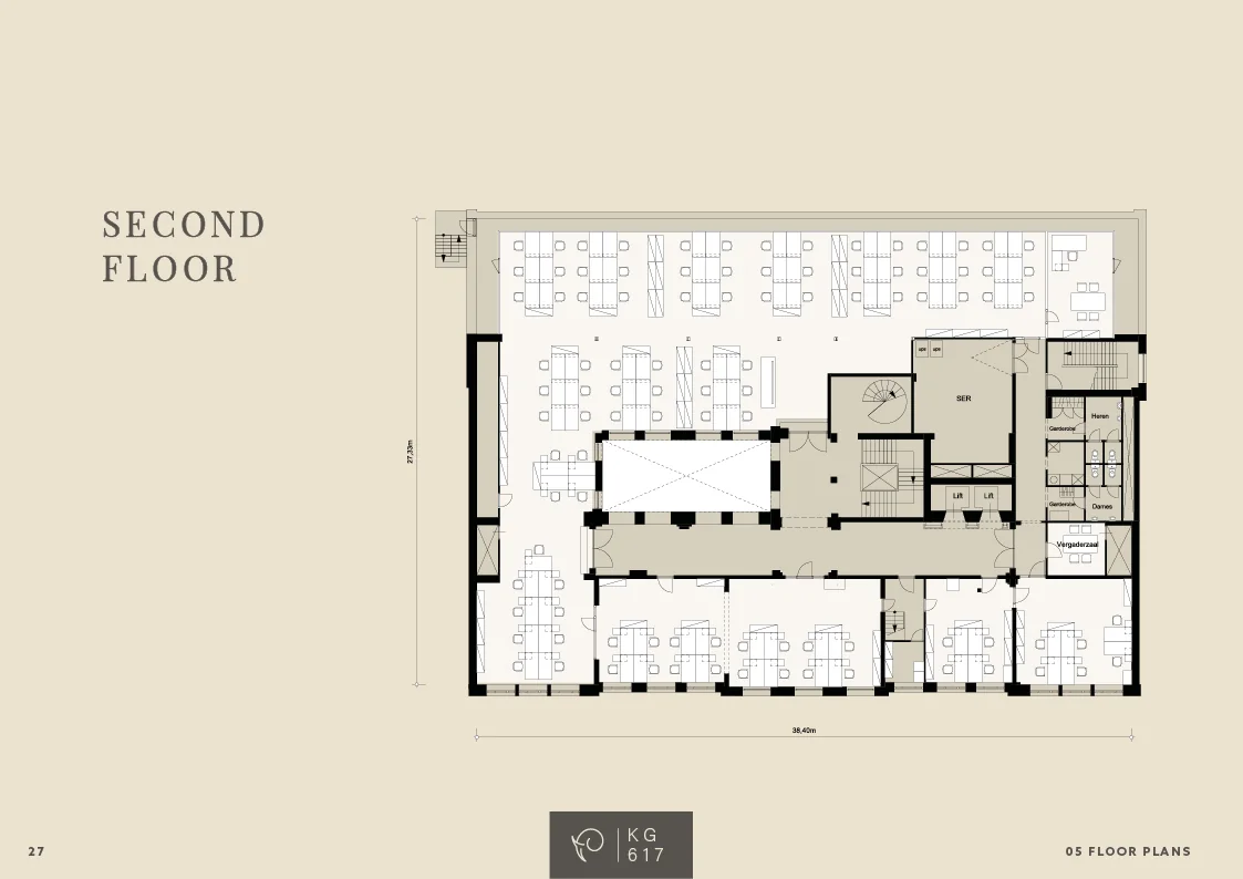 Plattegrond van de tweede verdieping van kantoorgebouw Keizersgracht 617 met werkplekken, vergaderruimtes en sanitaire voorzieningen.