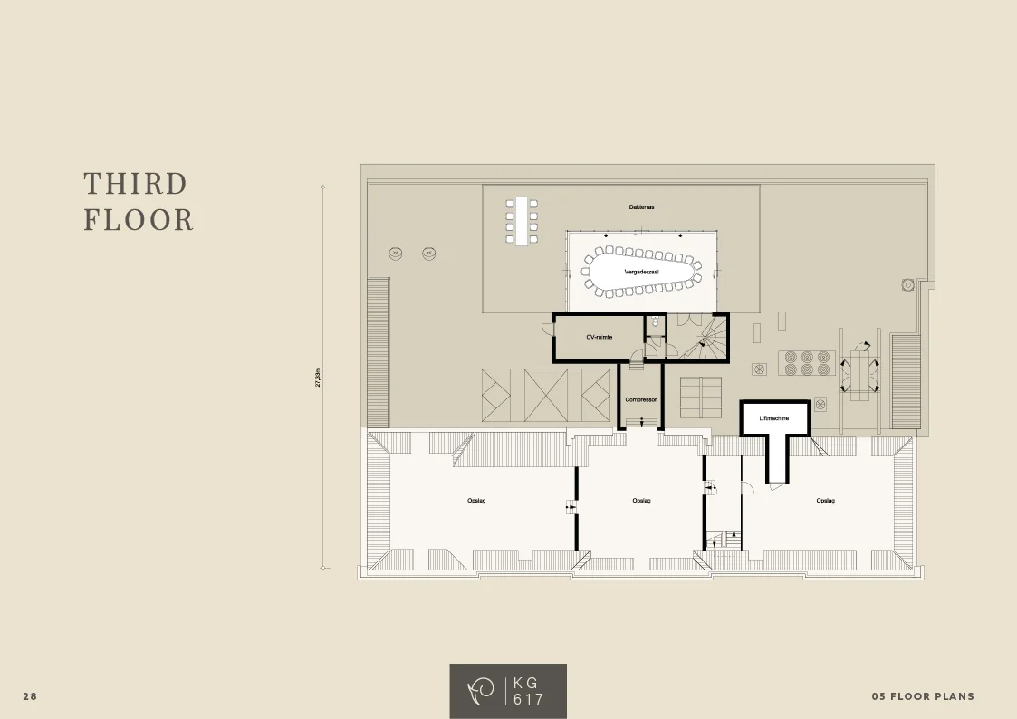 Plattegrond van de derde verdieping van Keizersgracht 617 met opslagruimtes, vergaderruimte en dakterras.