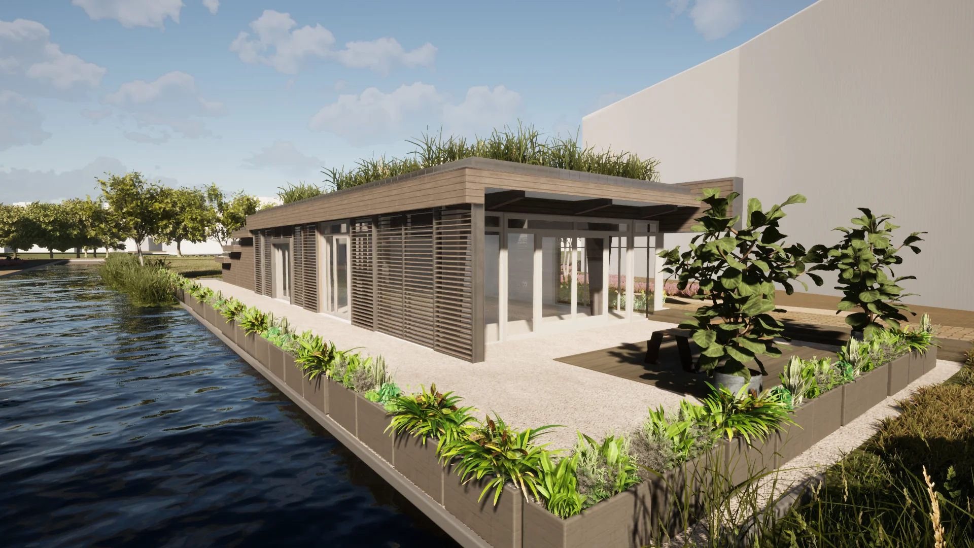 Moderne, duurzame woning genaamd Scorpius met groen dak, houten gevelbekleding en gelegen aan het water.