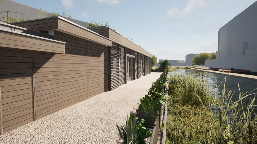 Moderne houten laagbouw met groendak aan een waterkant in een stedelijke omgeving.