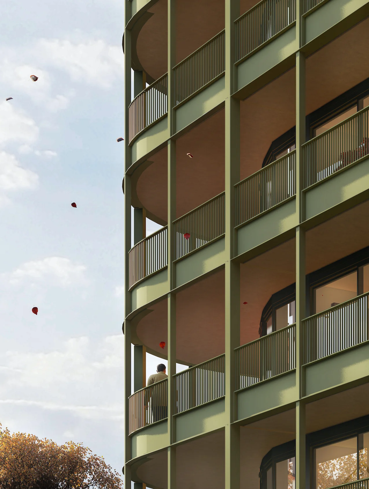 Moderne groene gevel met ronde balkons van een appartementencomplex aan de Cartesiusweg.