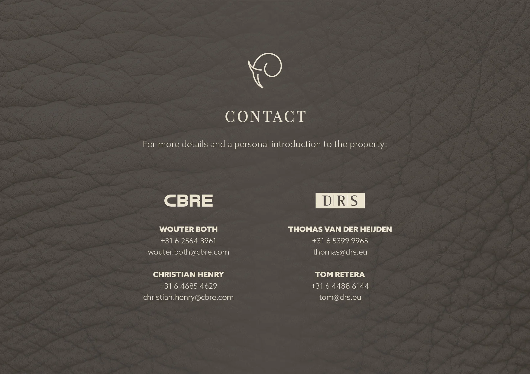 Contactinformatie van makelaarskantoren CBRE en DRS voor het vastgoedobject aan de Keizersgracht.