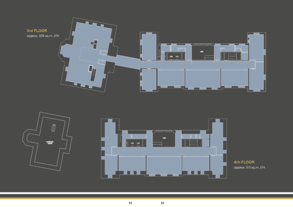 Plattegrond van de derde en vierde verdieping van een gebouw aan het Museumplein, met aanduiding van liften, vides en ruimtes.