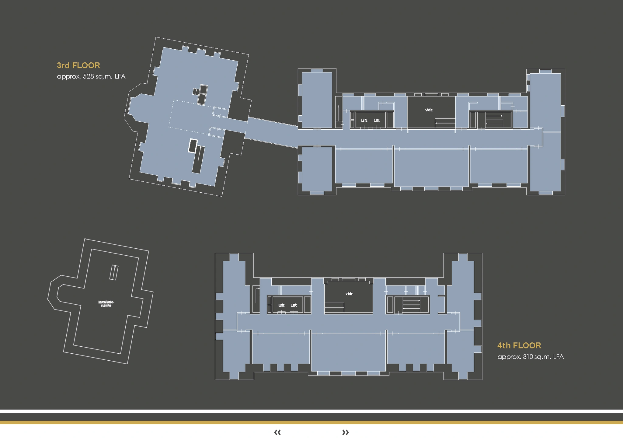 Plattegrond van de derde en vierde verdieping van een gebouw aan het Museumplein, met aanduiding van liften, vides en ruimtes.