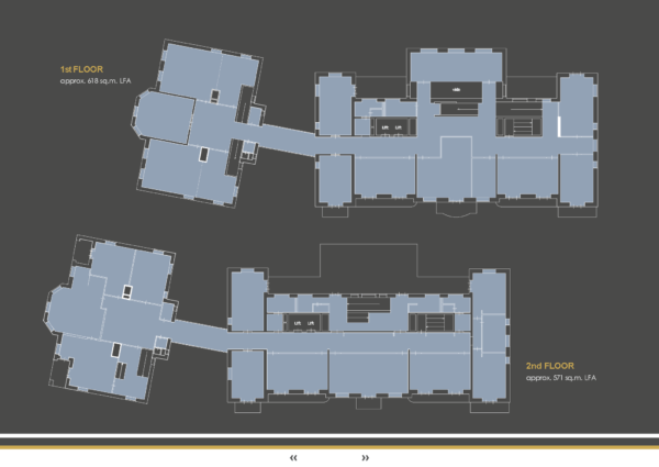 Plattegrond van de eerste en tweede verdieping van een gebouw aan het Museumplein, met aanduidingen van liften, vide en oppervlakte in vierkante meters.