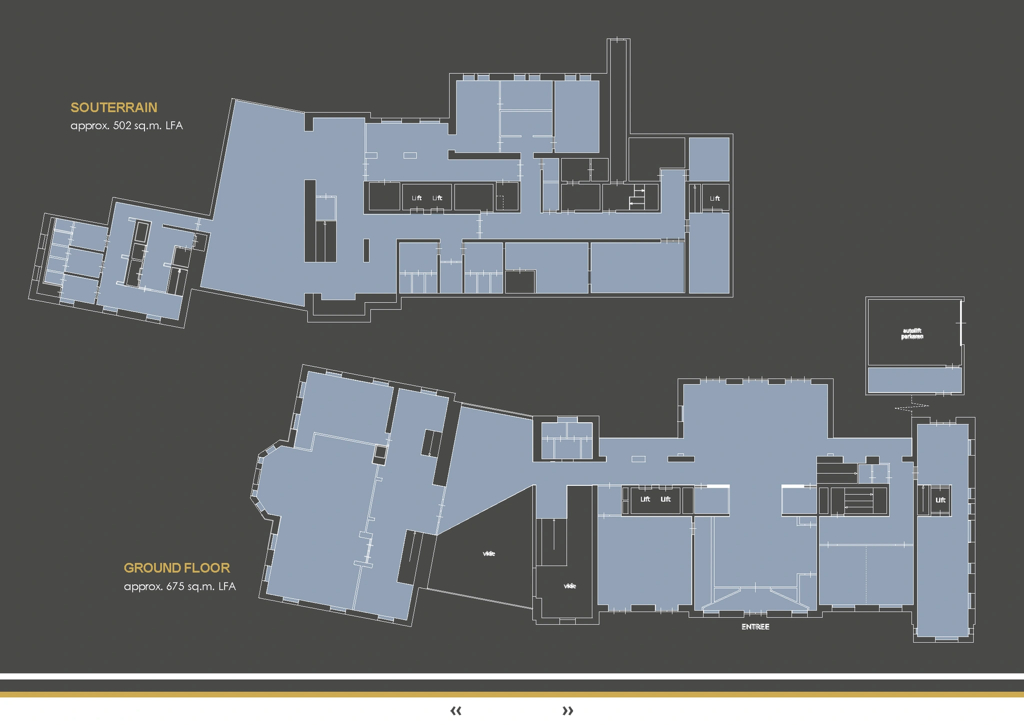 Plattegrond van het souterrain en de begane grond van een gebouw aan het Museumplein met aanduiding van liften, entree en parkeergarage.